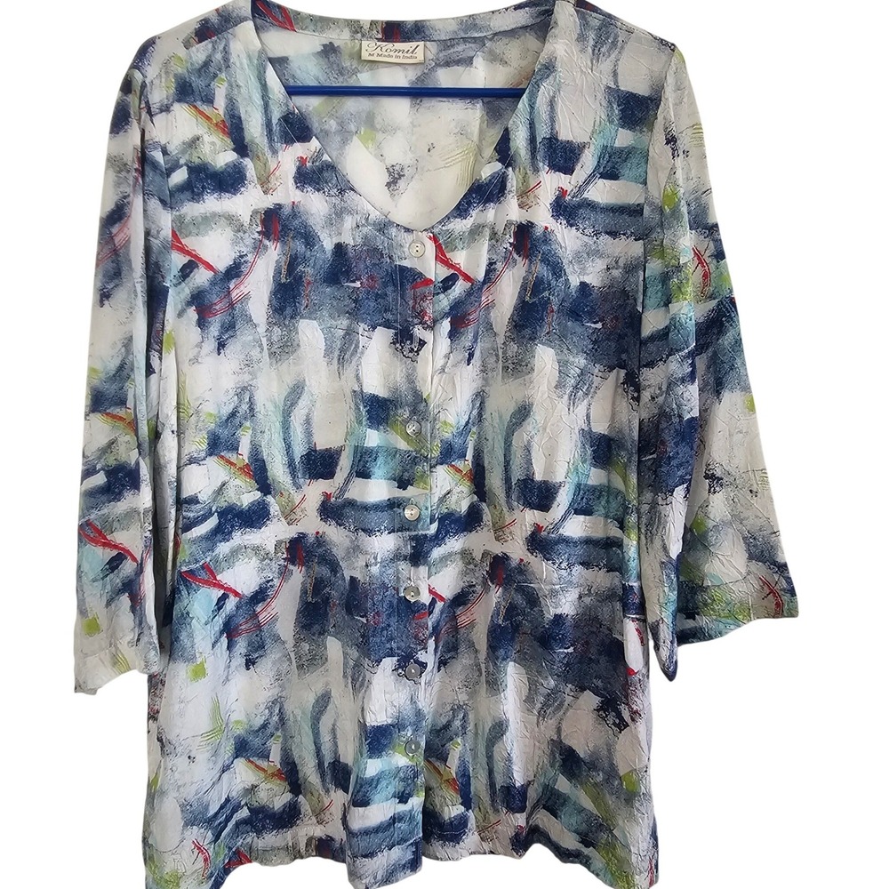 Komil Womens Medium Abstract Print Button Front V-Neck 3/4 Sleeve Blouse‎ Blue
